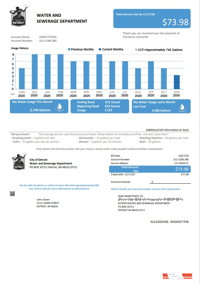 USA Ohio City of Detroit water utility bill template in Word and PDF format